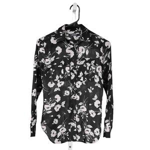 Ralph Lauren Women's Shirt Button Up Black White Floral Pockets Blouse Top PXS